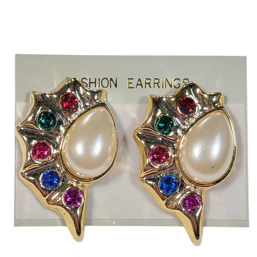 VTG 80s Conch Sea Shell Earrings Faux Pearl Jewel Tone Statement Clip On Grandma